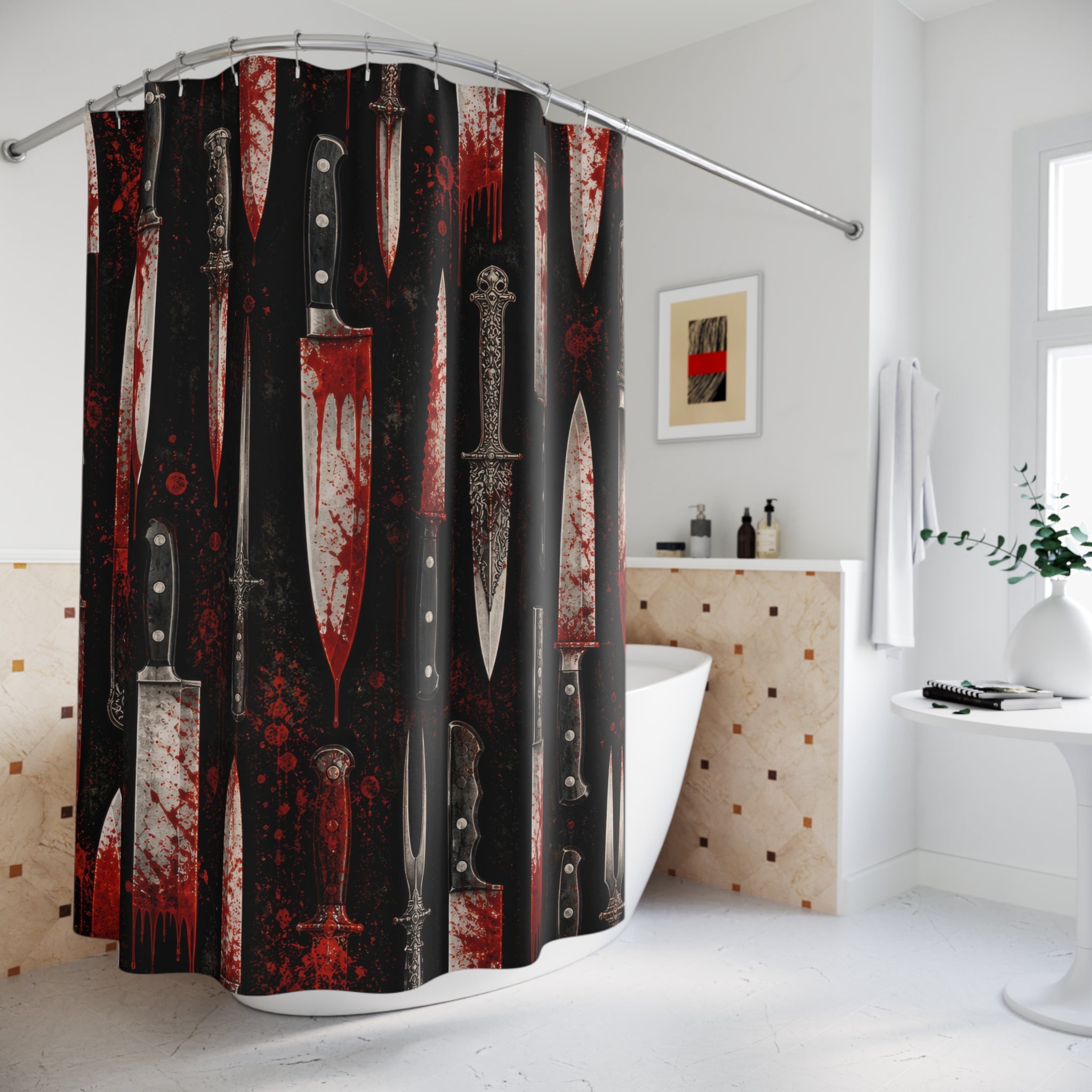 Unique Horror Shower Curtain, Knife Pattern Gothic Art, Black Red Blade Decor, Dark Bathroom Accent For Spooky Guest Bath, Halloween Style