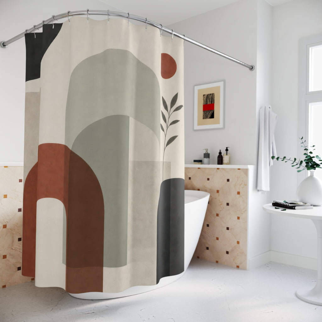 Modern Geometric Shower Curtain, Terracotta Black Beige Abstract Arches, Mid Century Art Bath Decor, Warm Minimal Bathroom, Earth Tone Style