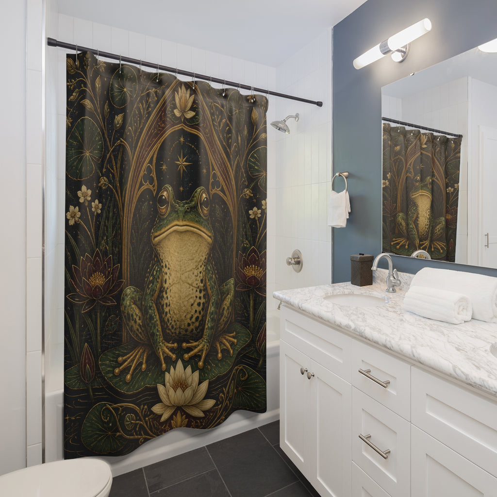 Regal frog framed by gothic lotus flowers shower curtain beside a white vanity