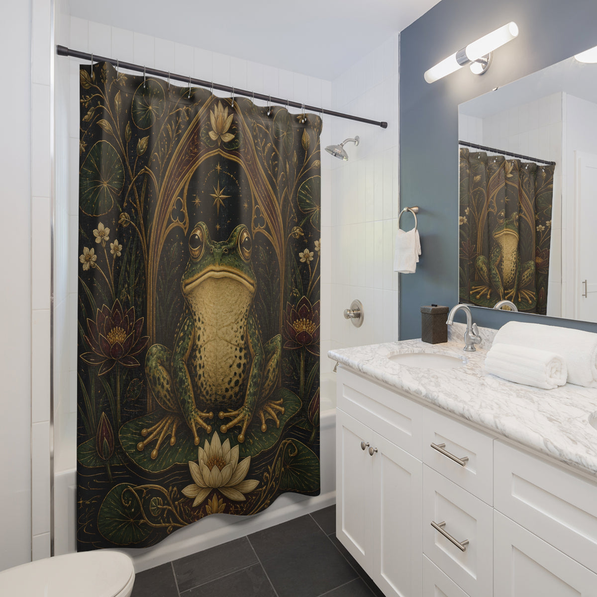 Regal frog framed by gothic lotus flowers shower curtain beside a white vanity
