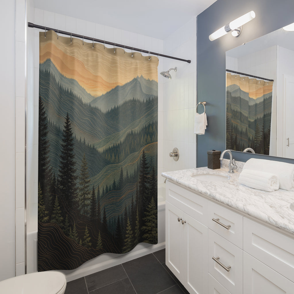 Topographic contour lines across forested mountain ridges shower curtain beside a white vanity