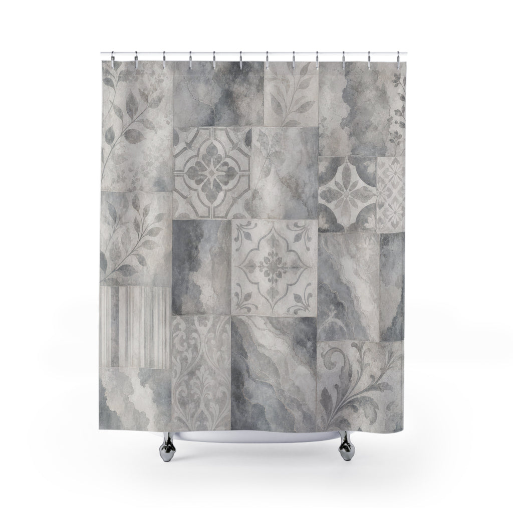 Tile Shower Curtain, Gray Geometric Bath Decor, Patchwork Marble Botanical Pattern, Neutral Guest Bathroom Decor, Classic Tile Style