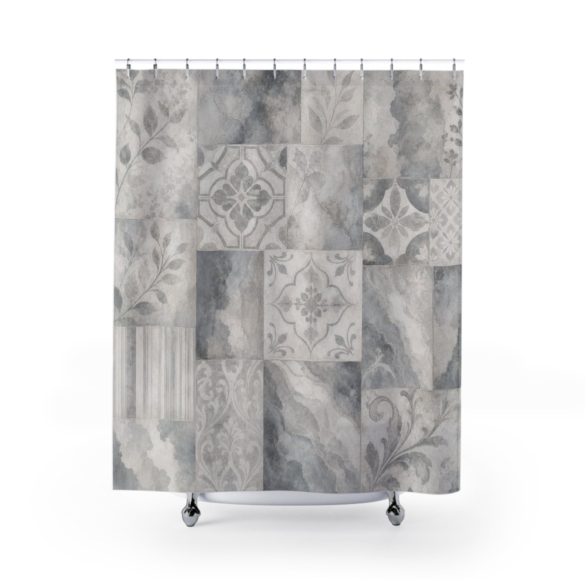 Tile Shower Curtain, Gray Geometric Bath Decor, Patchwork Marble Botanical Pattern, Neutral Guest Bathroom Decor, Classic Tile Style