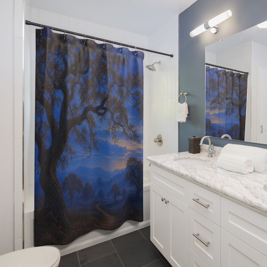 Brown oak tree and woodland path in blue twilight shower curtain beside a white vanity