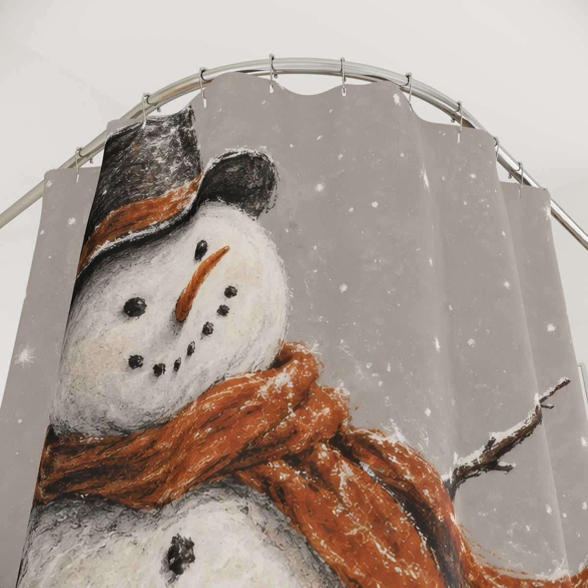 White snowman with orange scarf and black hat in grey snow shower curtain with close-up print, hooks, and folds