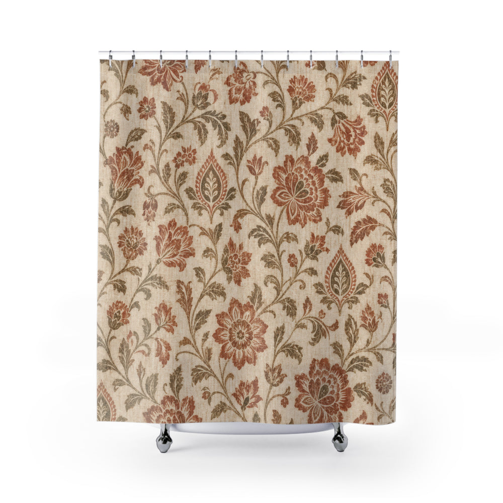 Terracotta Floral farmhouse block print shower curtain with full front view