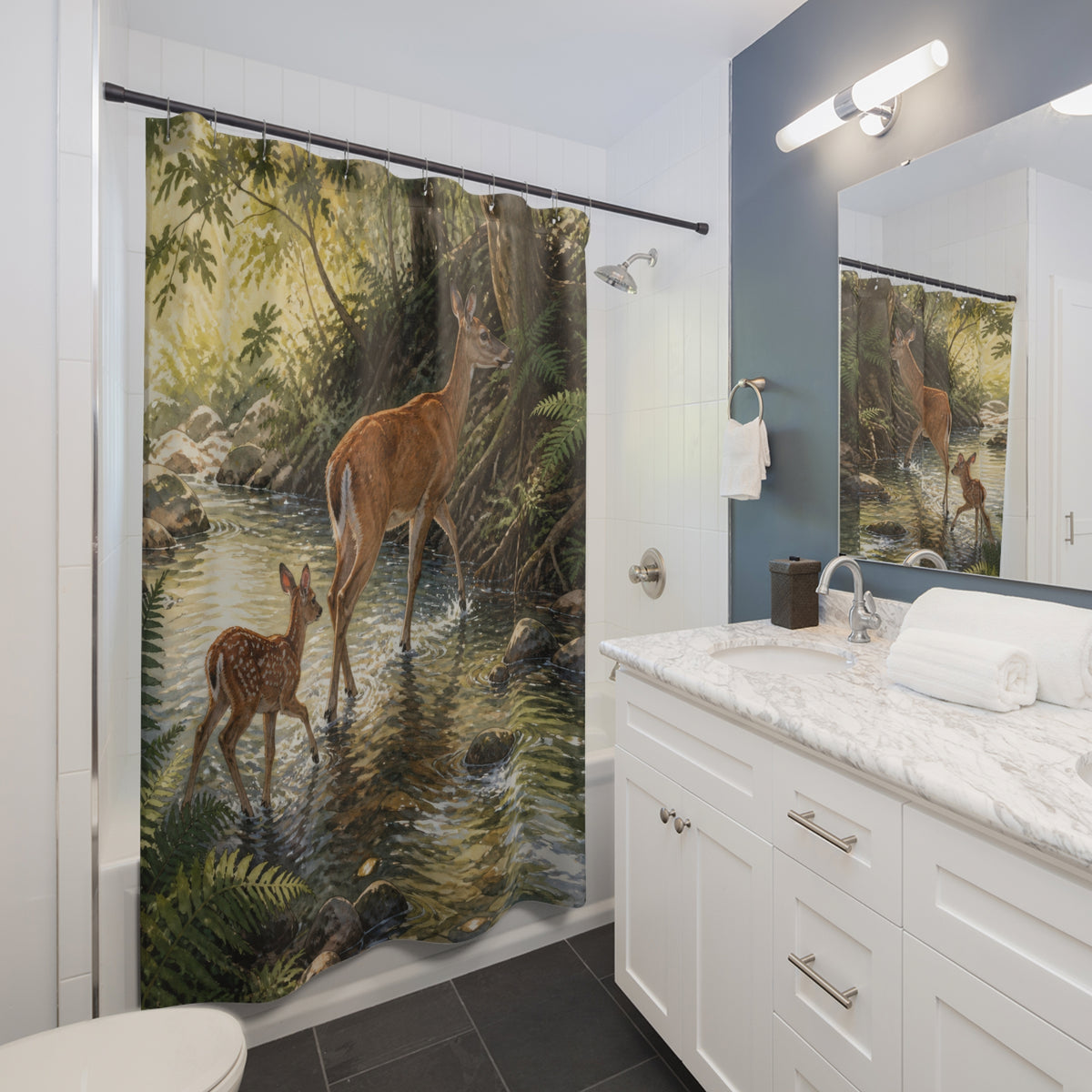 Doe and fawn crossing a sunlit woodland creek shower curtain beside a white vanity