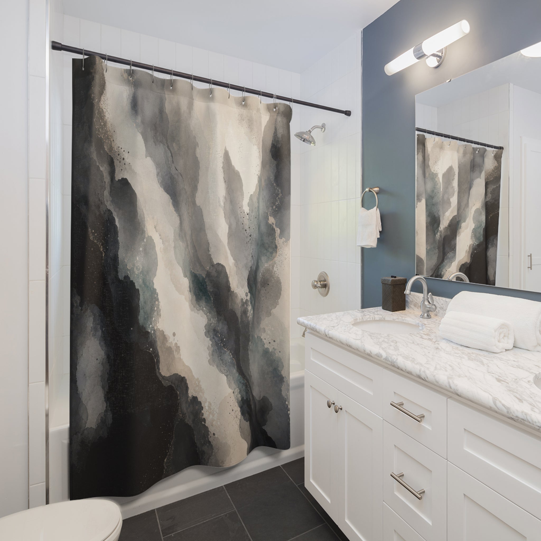 Black Abstract Shower Curtain, Gray Cream Modern Bath Decor, Smoky Mineral Pattern, Modern Smoky Dark Neutral Guest Bathroom Decor Style