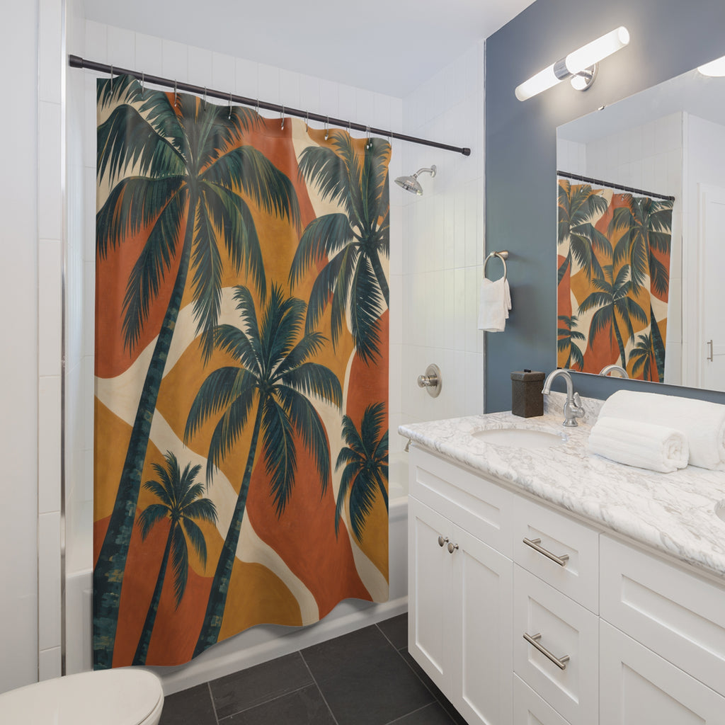 Teal palms over terracotta, ochre and cream color blocks shower curtain beside a white vanity