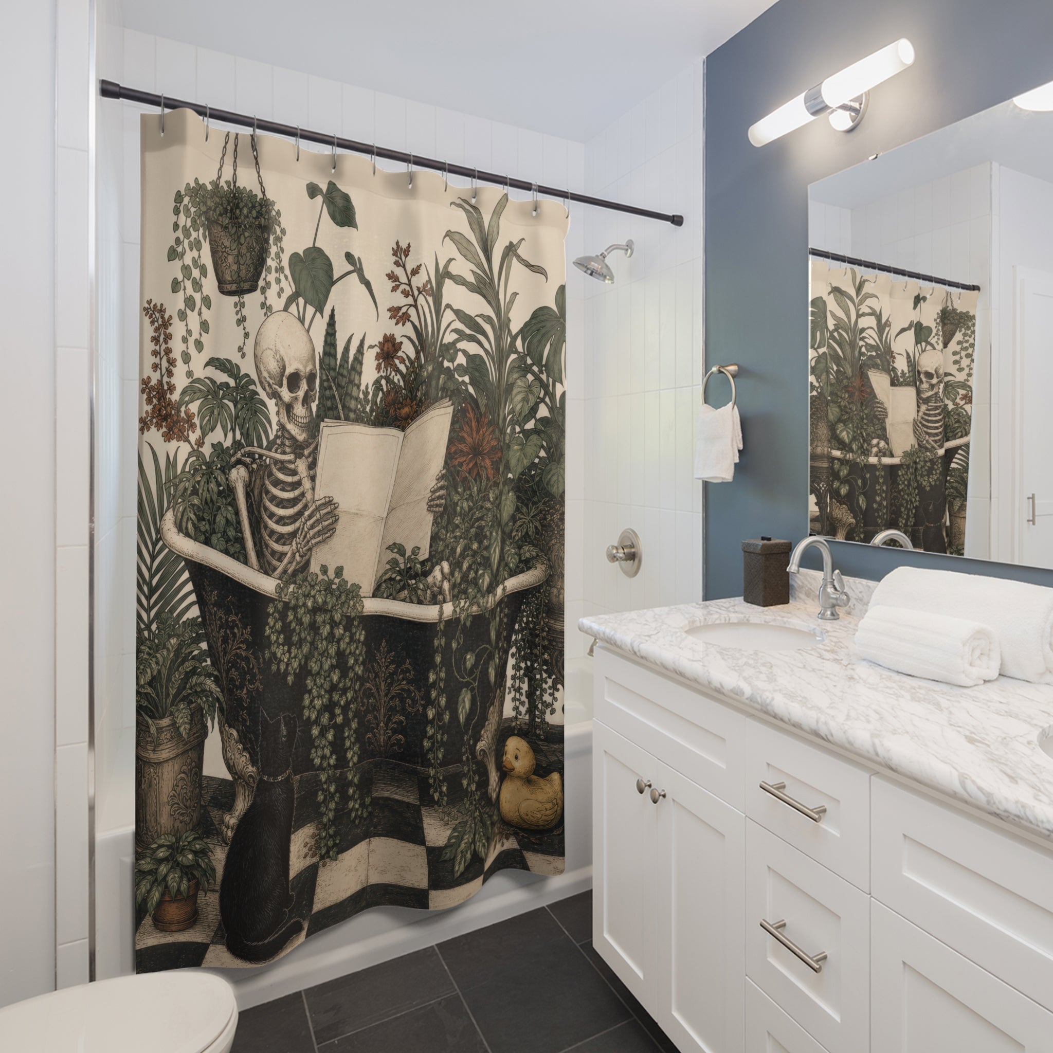 Dark Humor Shower Curtain, Skeleton Reading in Plant Filled Bath