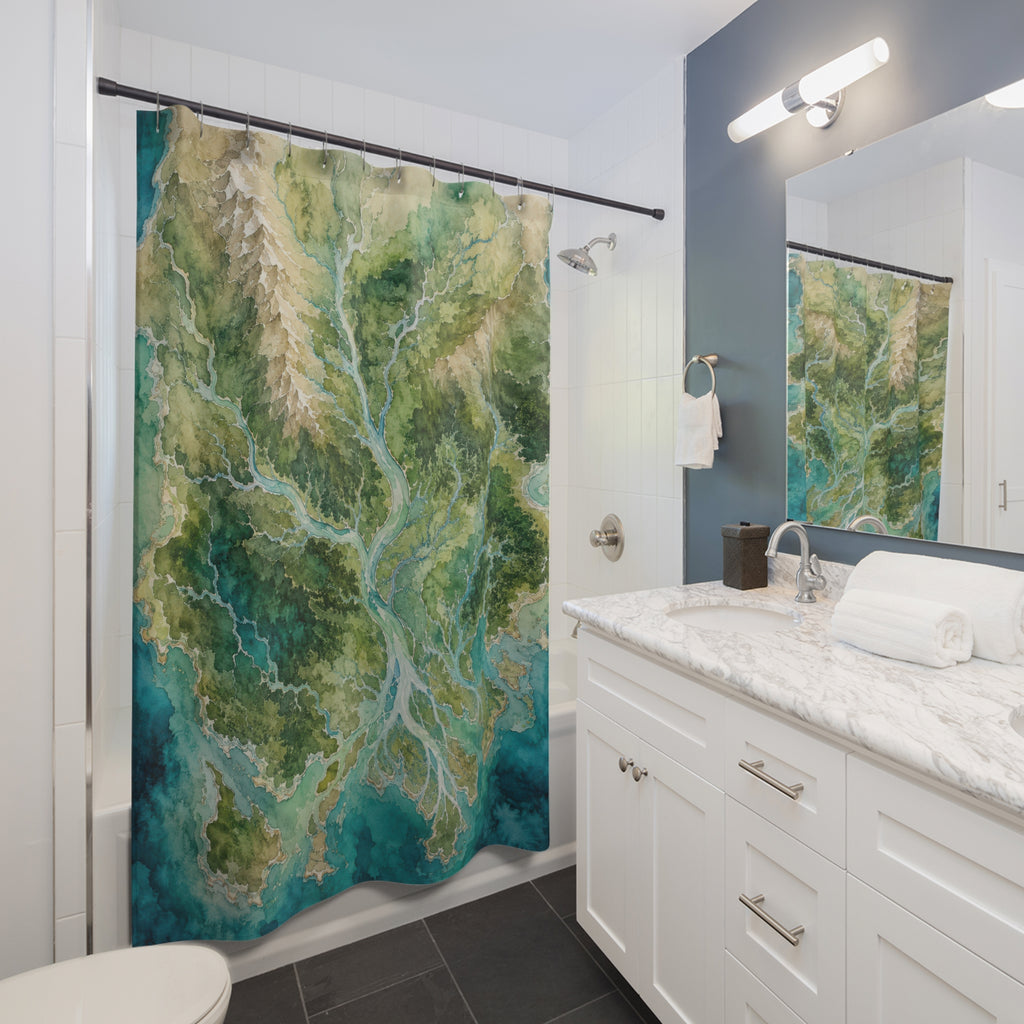 Green watershed watercolor map shower curtain beside a white vanity