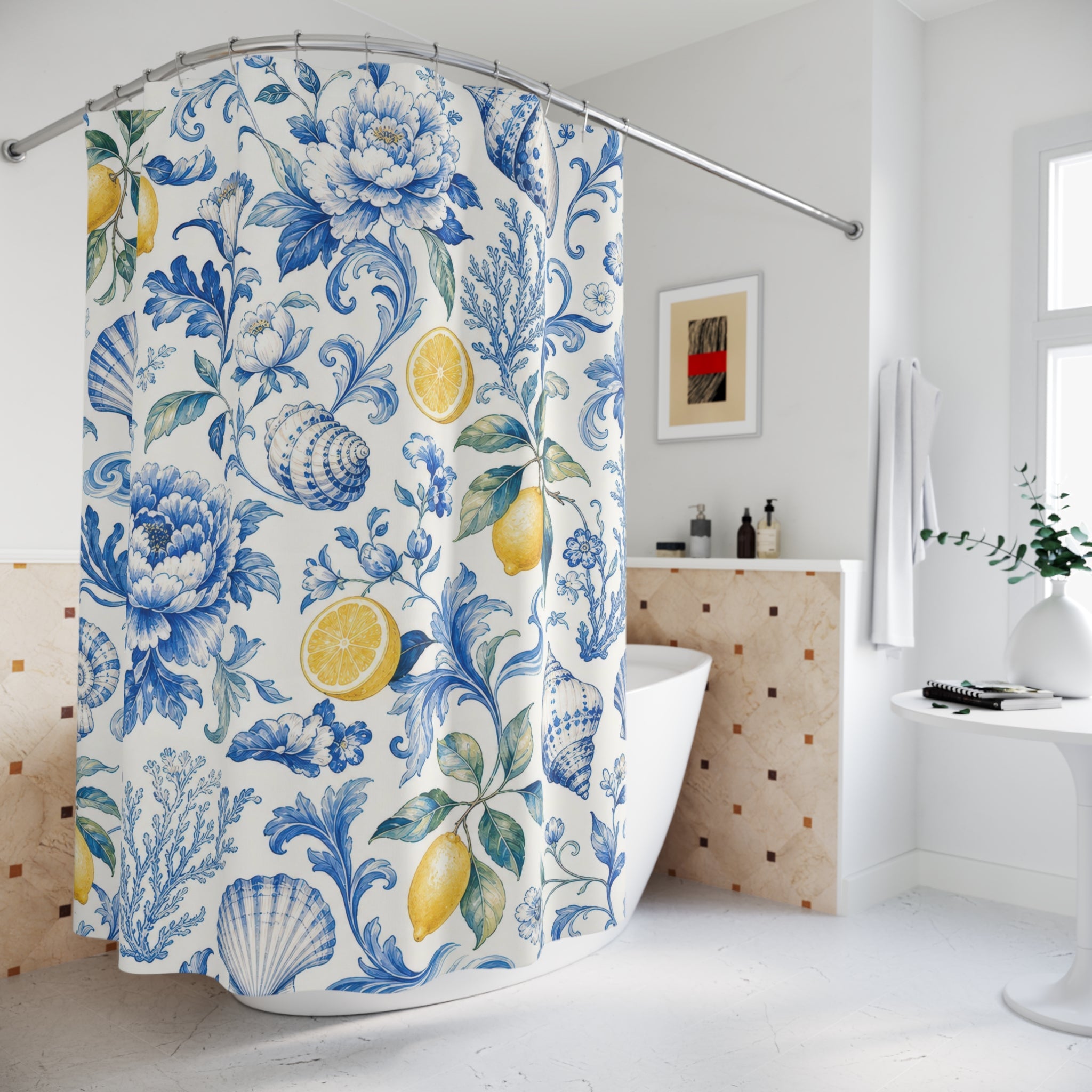 Blue Lemon Toile Shower Curtain