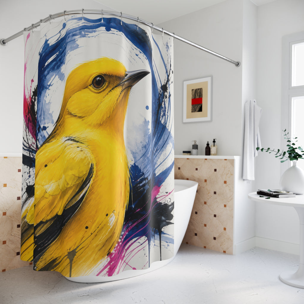 Expressive yellow bird with blue painted halo shower curtain beside a freestanding tub
