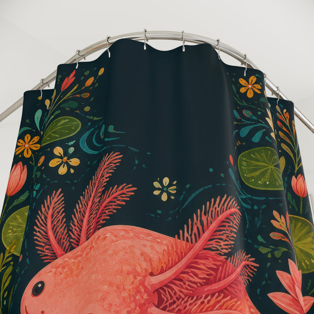 Rose axolotl in a deep teal water garden shower curtain with close-up print, hooks, and folds