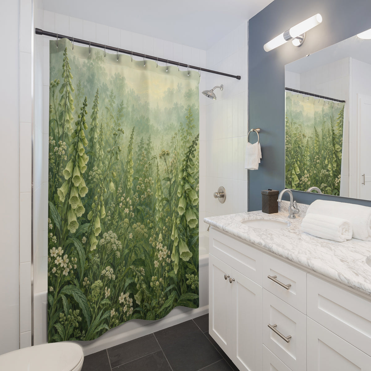 Green foxglove bells and ivory flowers in a misty meadow shower curtain beside a white vanity