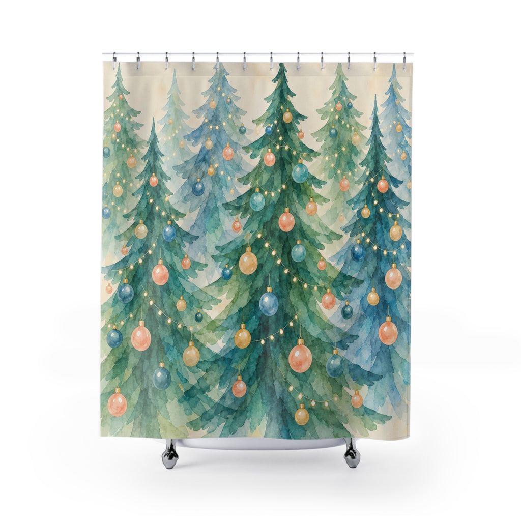 Teal and blue Christmas trees with peach baubles shower curtain with full front view