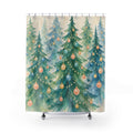 Teal and blue Christmas trees with peach baubles shower curtain with full front view