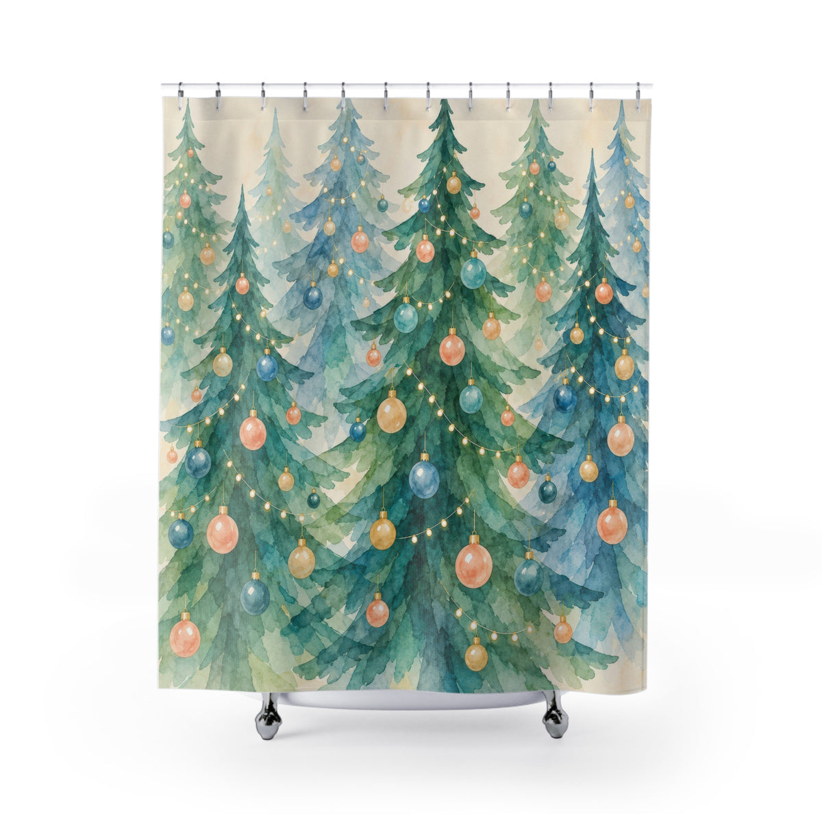 Teal and blue Christmas trees with peach baubles shower curtain with full front view