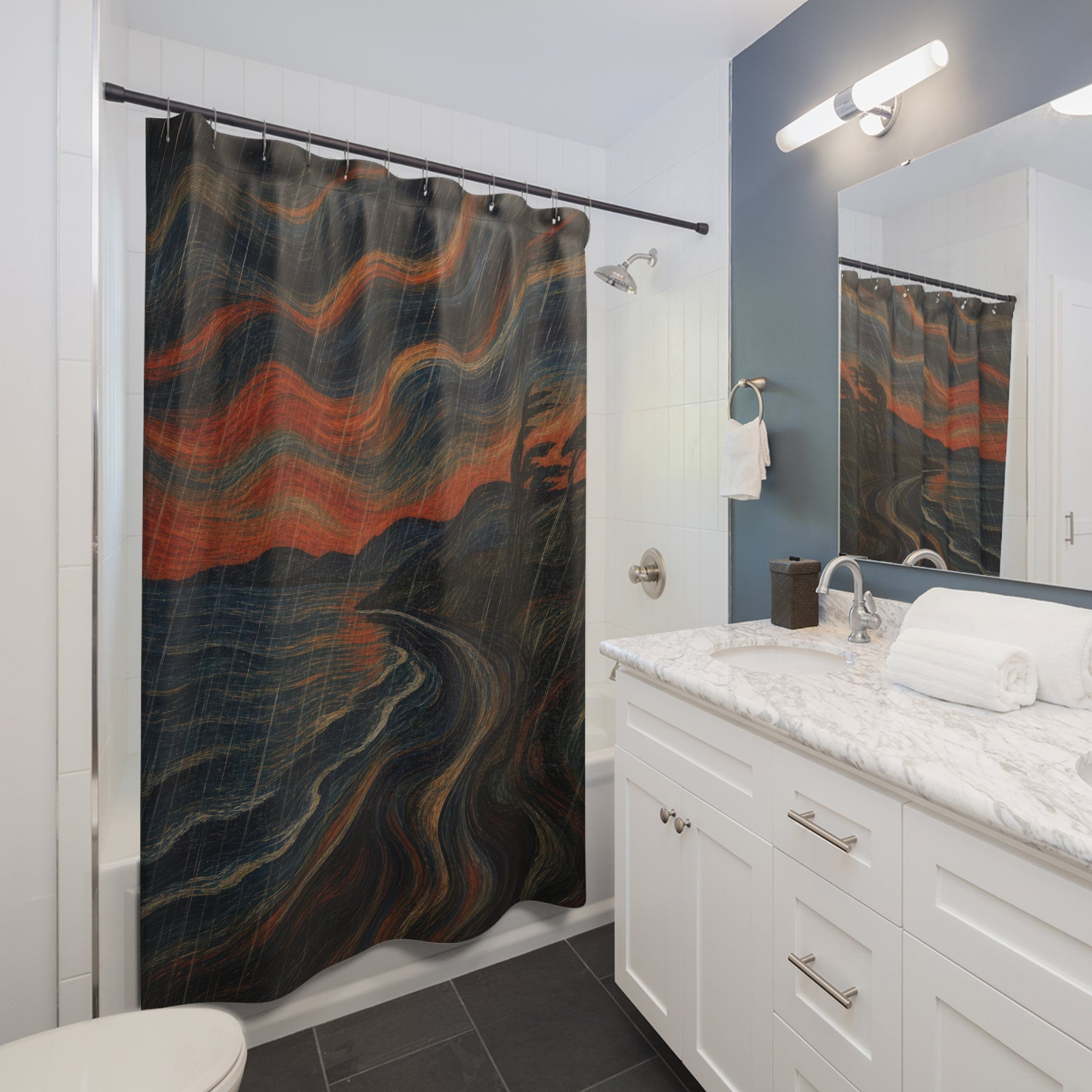 Dark Expressionist Shoreline Print Shower Curtain