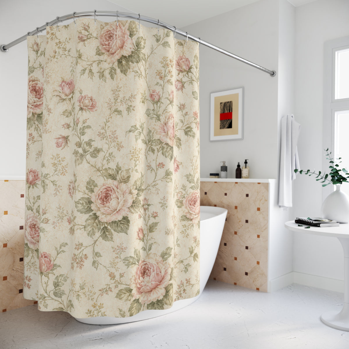 Shabby Chic Floral vintage rose shower curtain beside a freestanding tub
