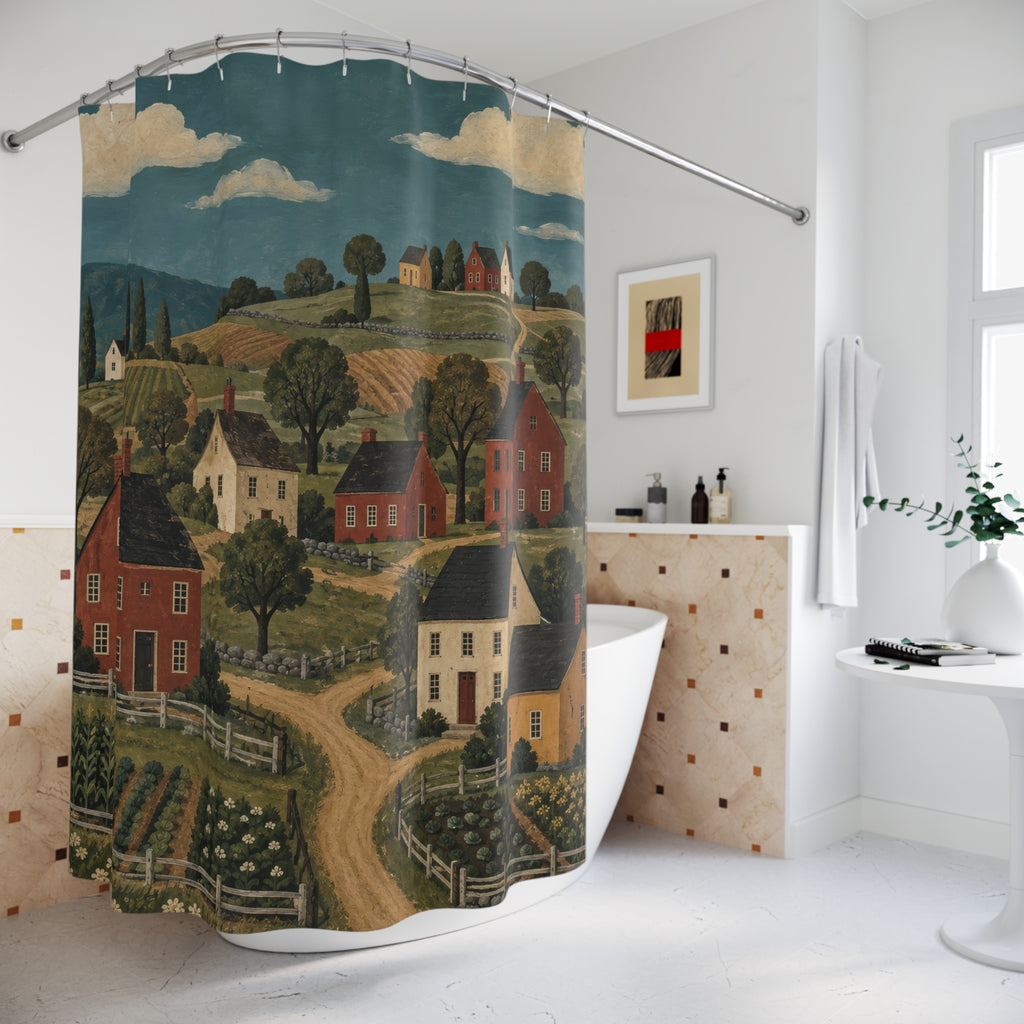 Red and cream saltbox houses among green fields and ochre paths shower curtain beside a freestanding tub
