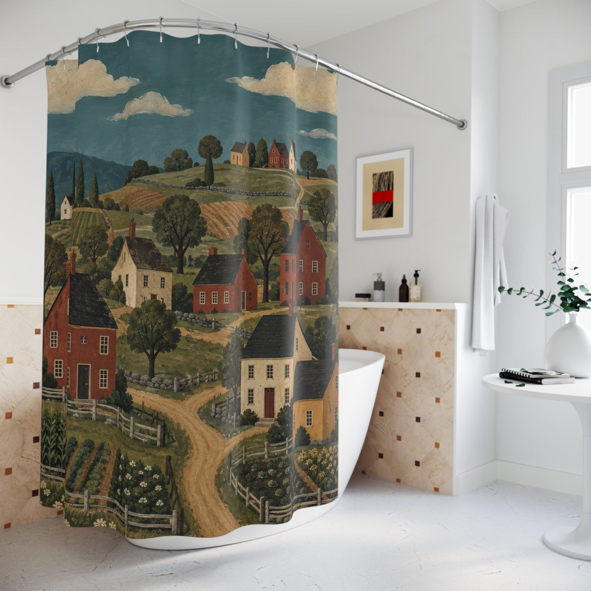 Red and cream saltbox houses among green fields and ochre paths shower curtain beside a freestanding tub