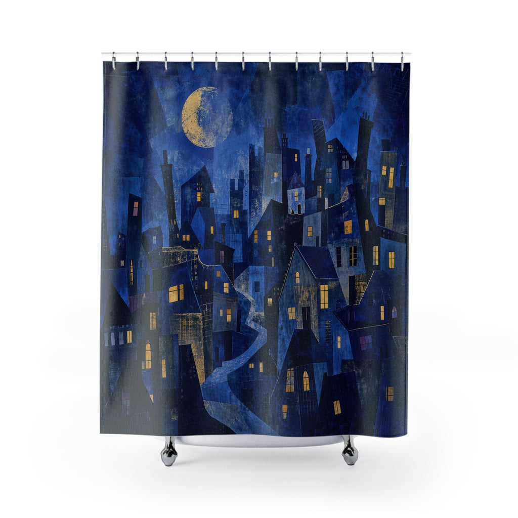 Dark Blue Rooftop Nocturne Shower Curtain