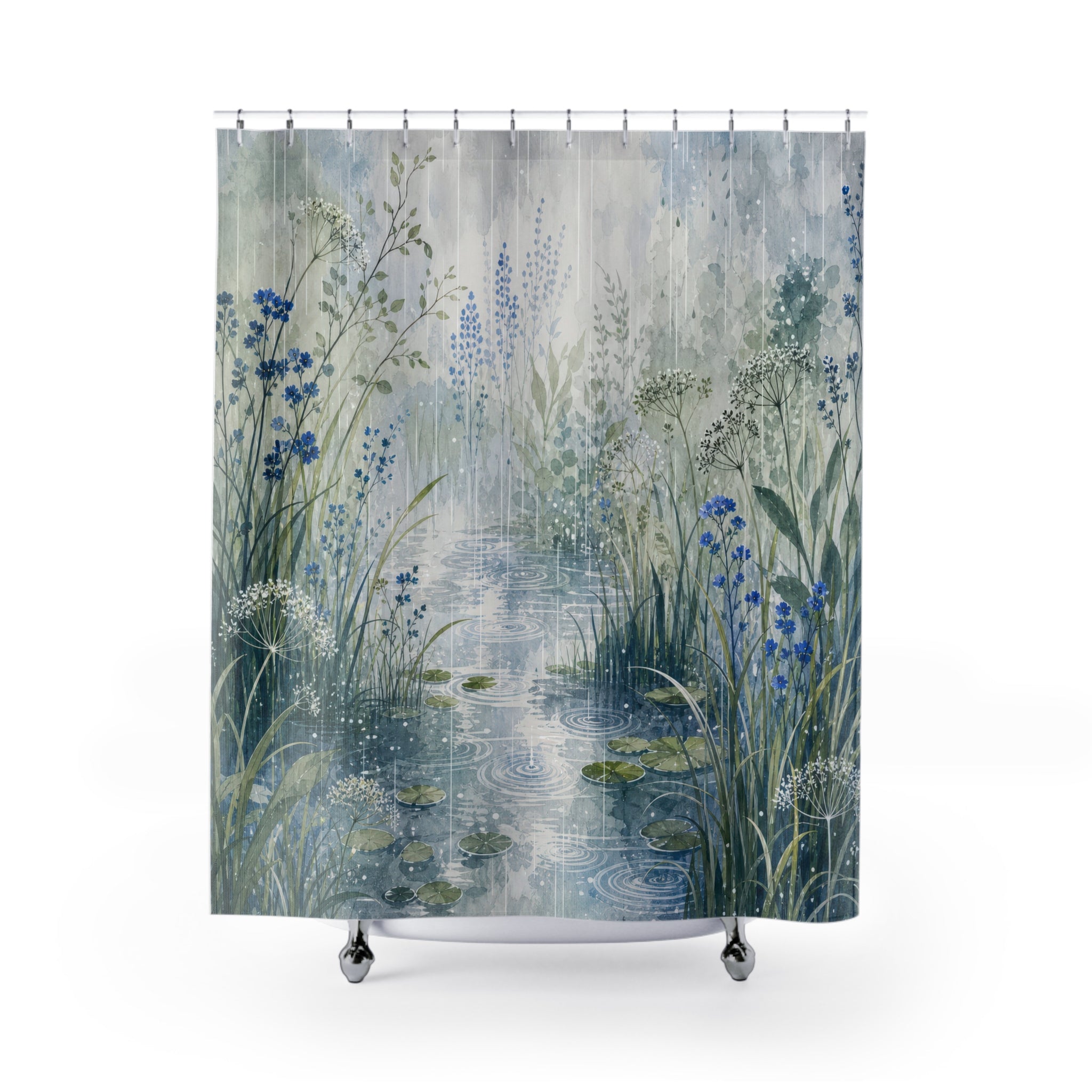 Blue Pond Reed Watercolor Shower Curtain