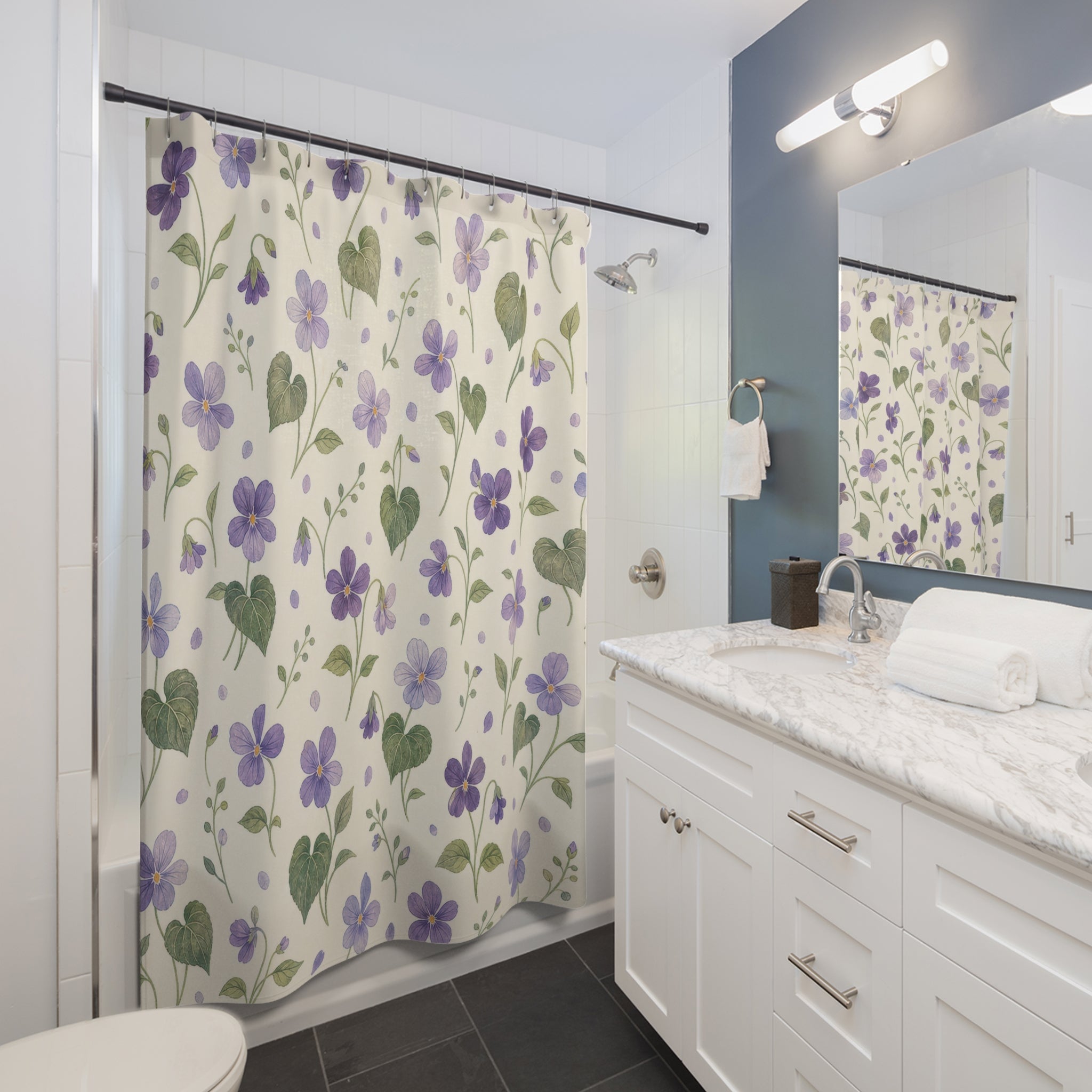 Violet Flower Purple Floral Cottage Cottagecore Beige Cream Shower Curtain