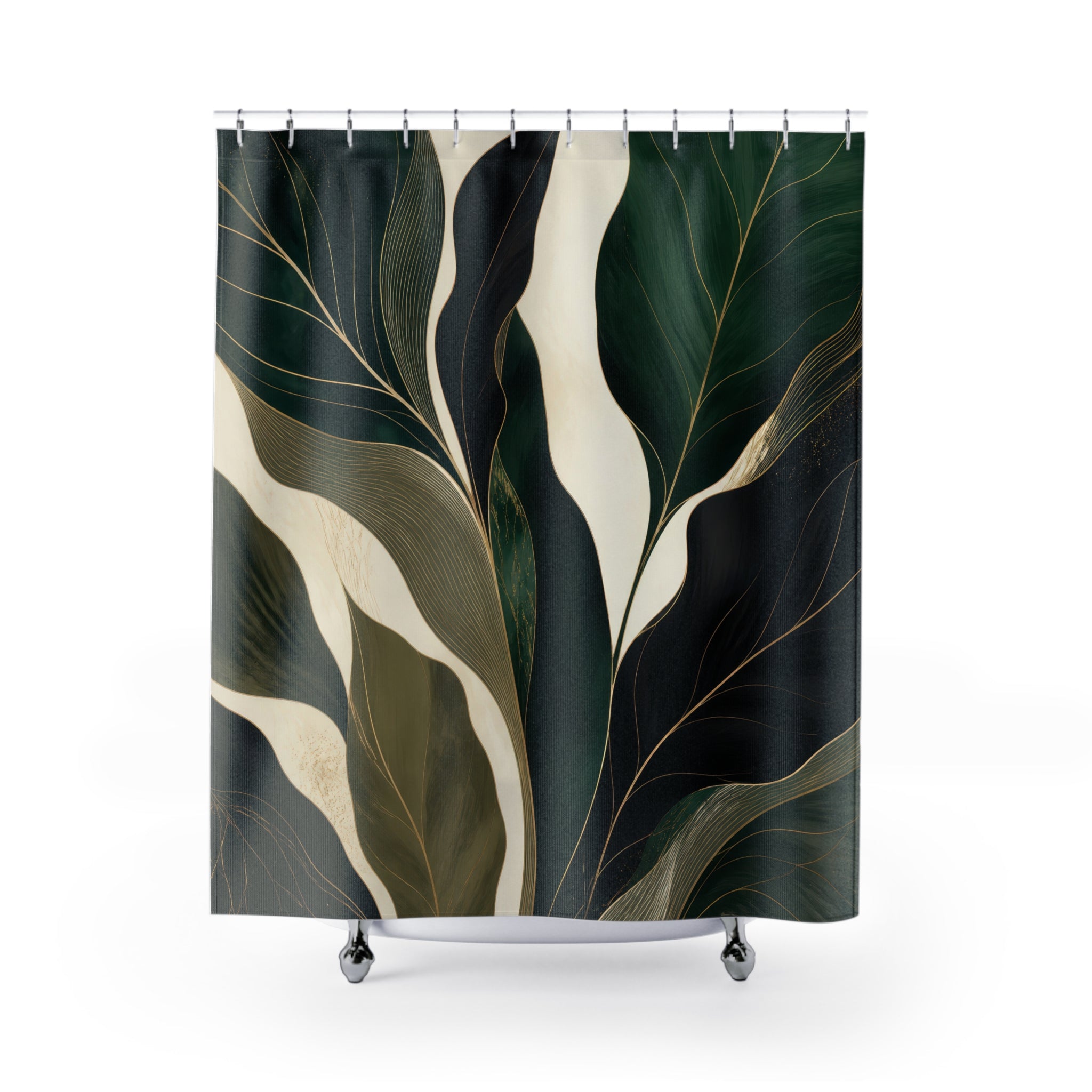 Black Dark Leaf Green Botanical Shower Curtain