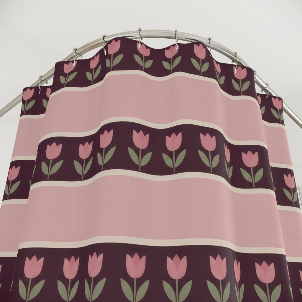 Pink tulip rows on plum bands between broad blush stripes shower curtain with close-up print, hooks, and folds