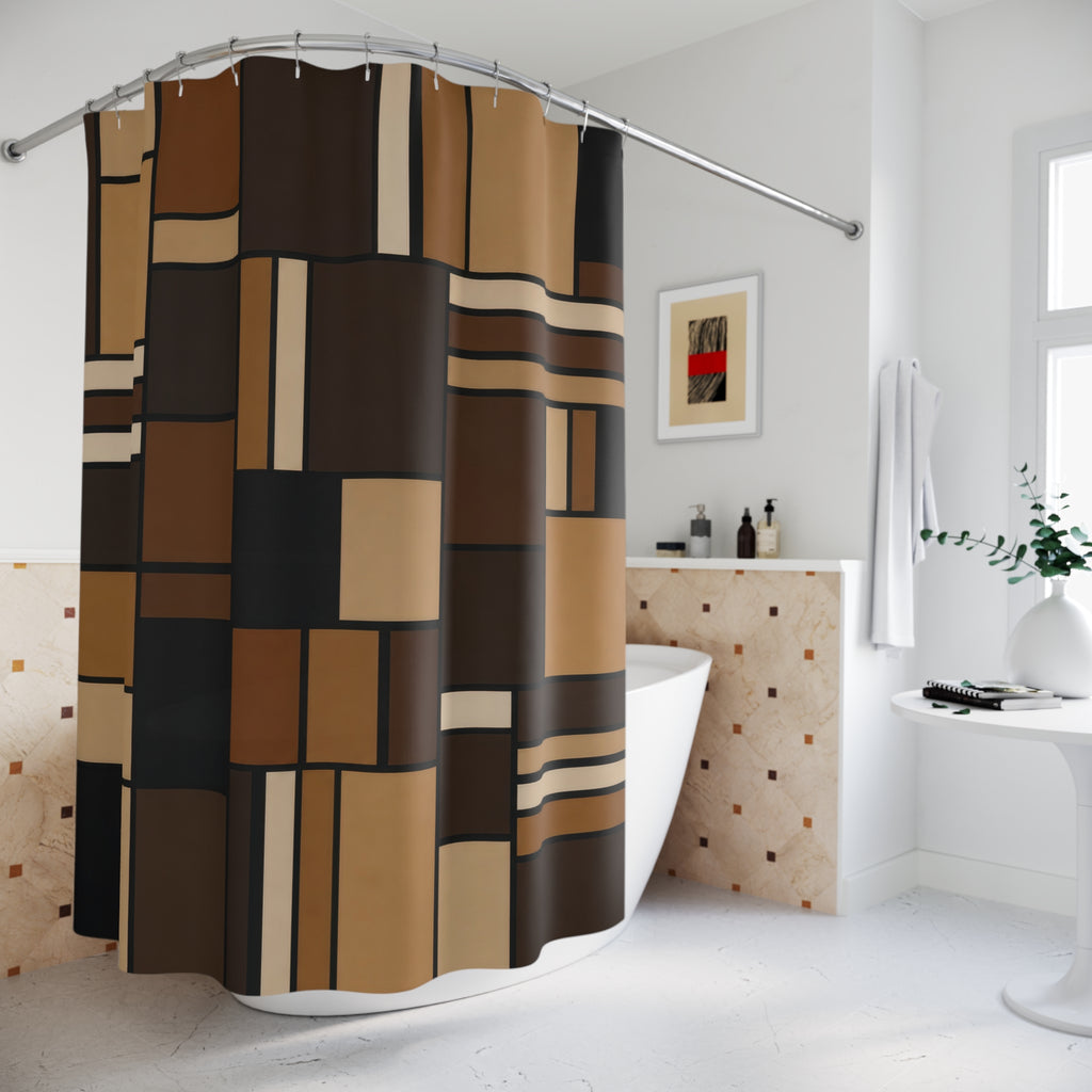 Geometric Shower Curtain, Black Brown Patchwork Bath Decor, Modern Rectangle Pattern, Mid Century Warm Neutral Bathroom Decor Style