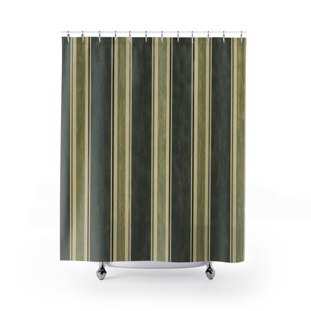 Dark Olive Green Charcoal Stripe Shower Curtain