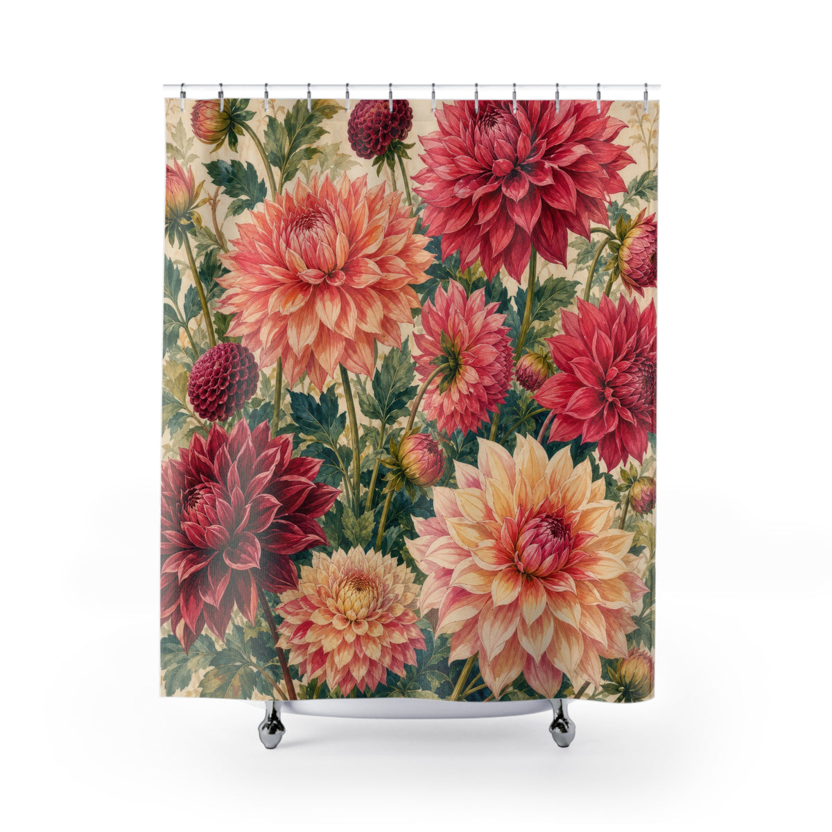 Dahlia Red Pink Floral Botanical shower curtain with full front view