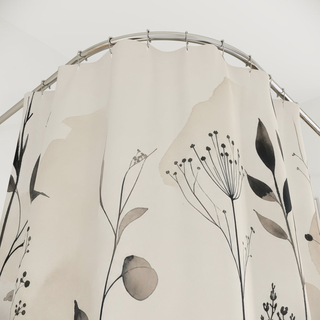 Black Beige Leaf Wildflower Shower Curtain