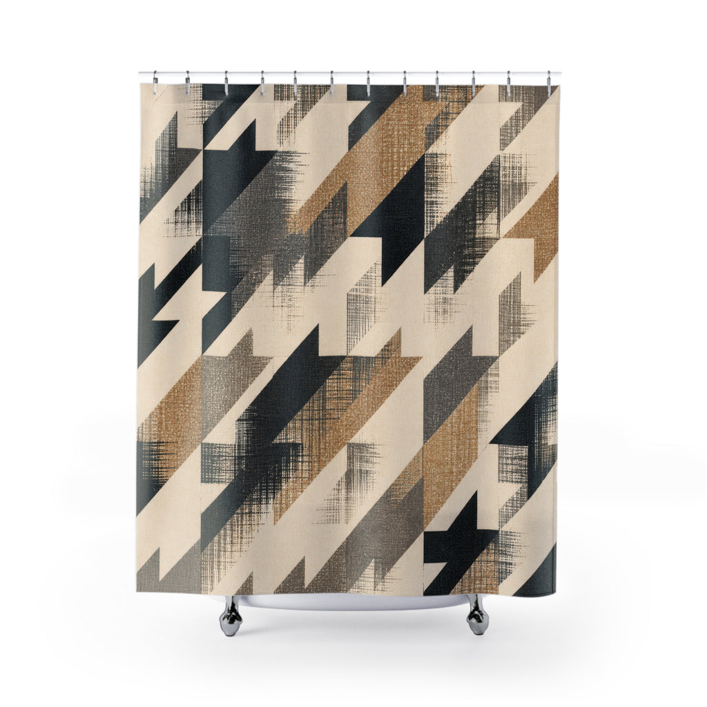 Houndstooth Shower Curtain, Black Beige Broken Check Bath Decor, Oversized Diagonal Pattern, Bold Modern Neutral Guest Bathroom Decor