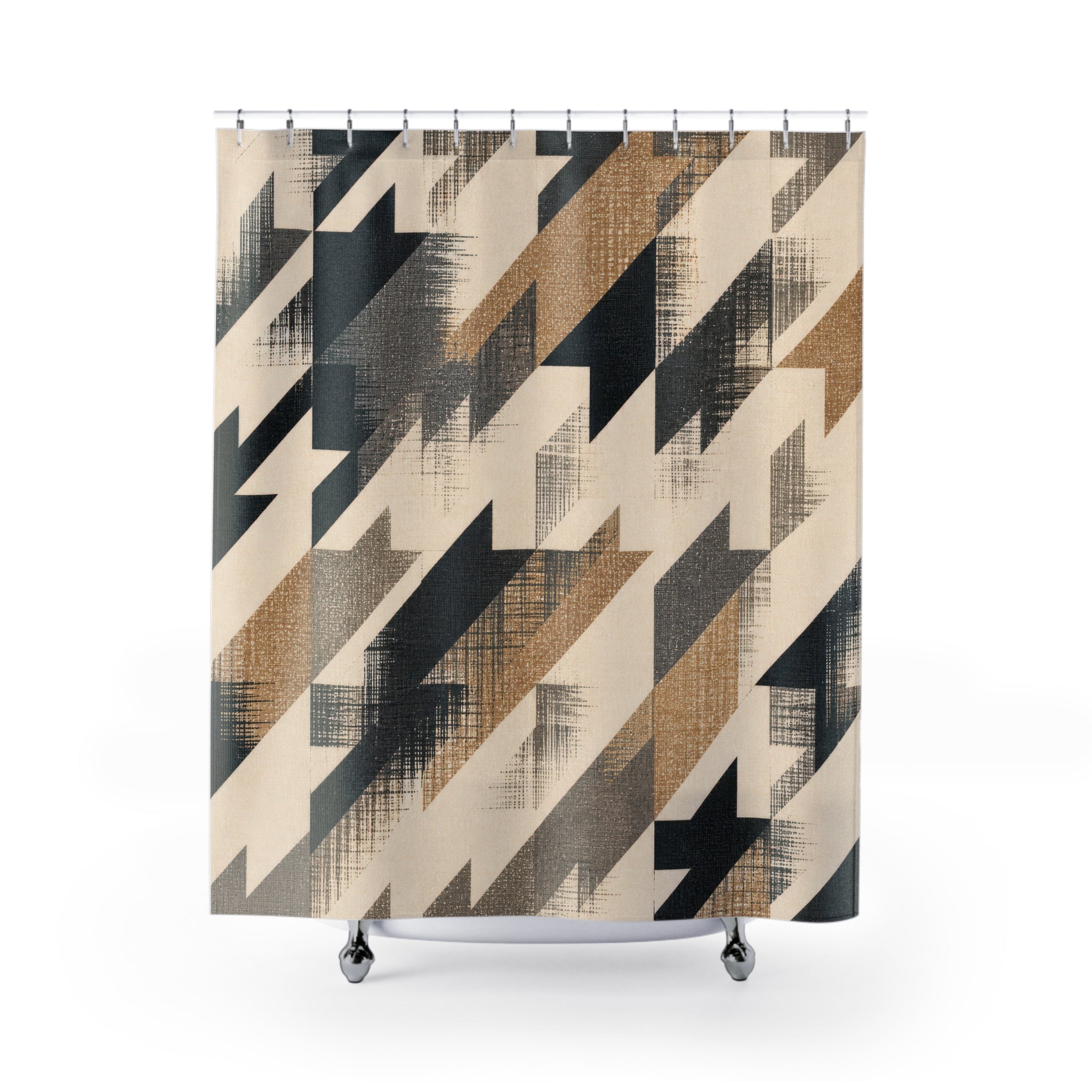 Houndstooth Shower Curtain, Black Beige Broken Check Bath Decor, Oversized Diagonal Pattern, Bold Modern Neutral Guest Bathroom Decor