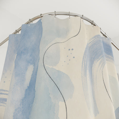 Abstract Light Blue Watercolor shower curtain with close-up print, hooks, and folds