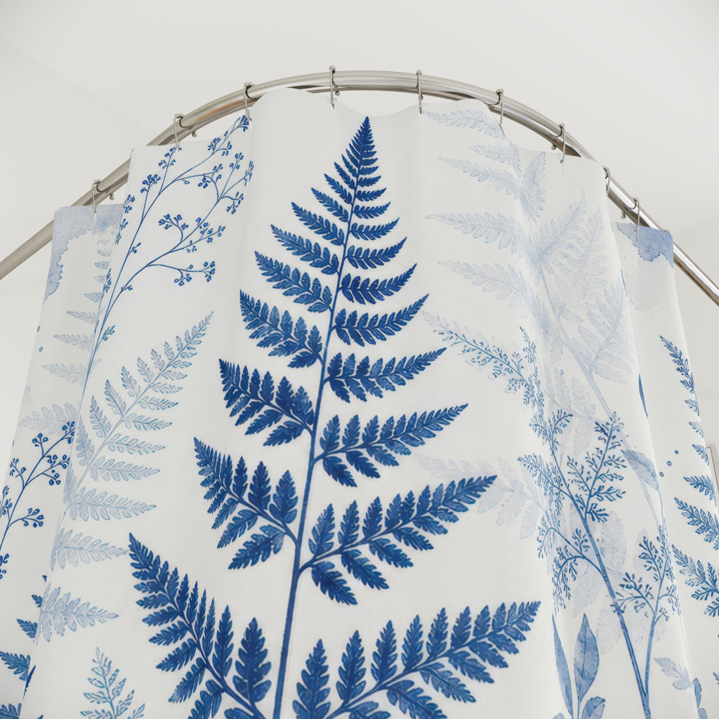 Blue Fern Shower Curtain, Blue White Nature Bathroom Decor, Fern Botanical Bath Curtain, Guest Bath Decor, Small Bathroom Decor, Home Decor