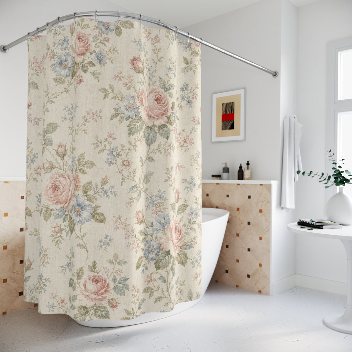Pink Blue Floral vintage rose shower curtain beside a freestanding tub