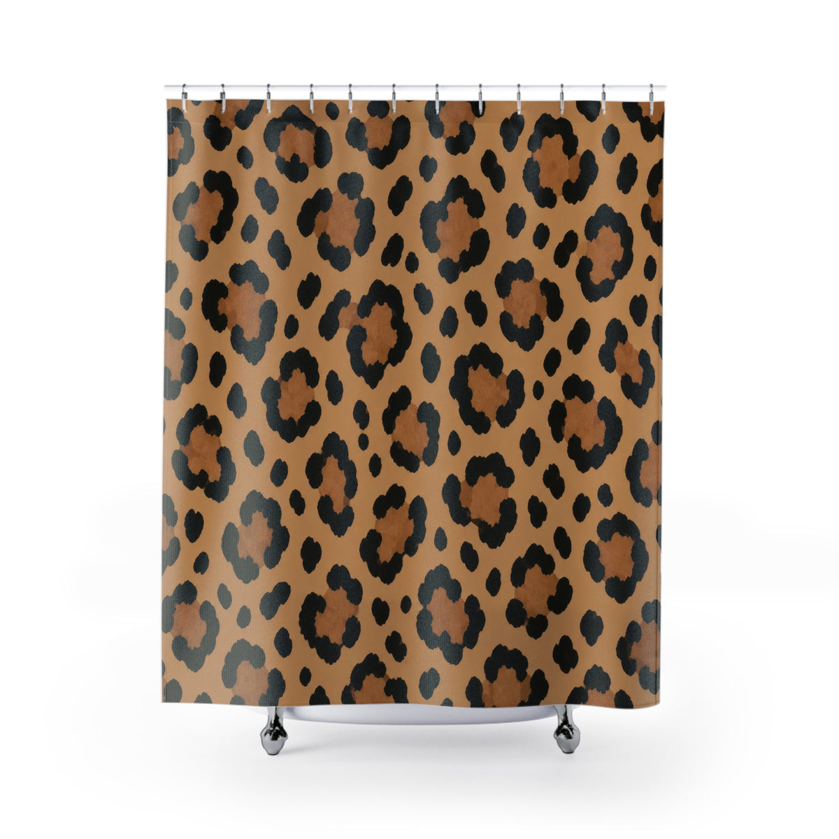 Black and tan leopard rosette shower curtain with full front view