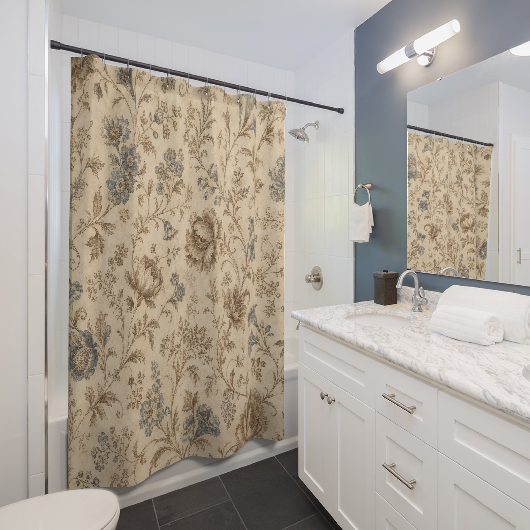 Blue Beige Floral Shower Curtain