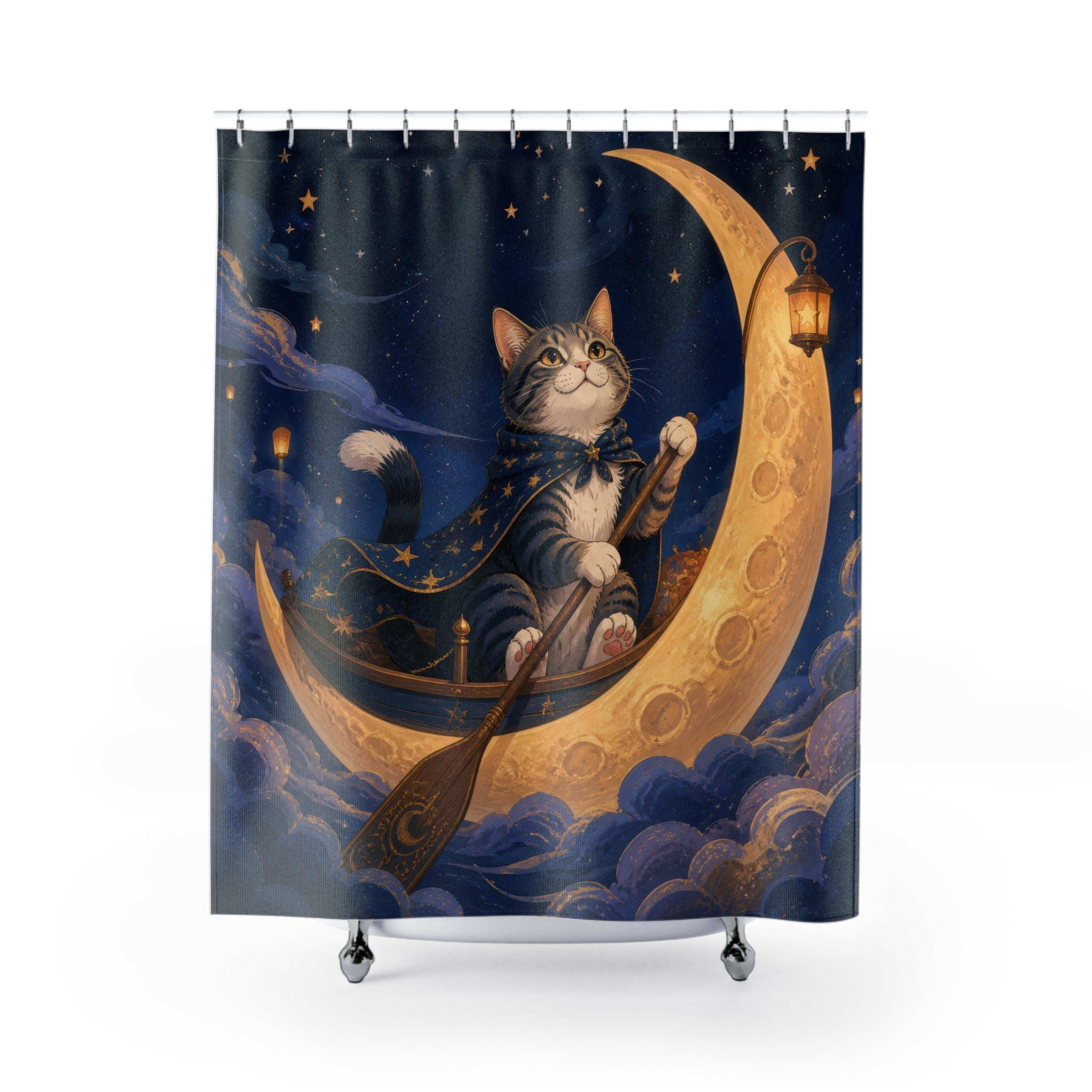 Cat sailing a crescent moon boat above indigo clouds shower curtain with full front view