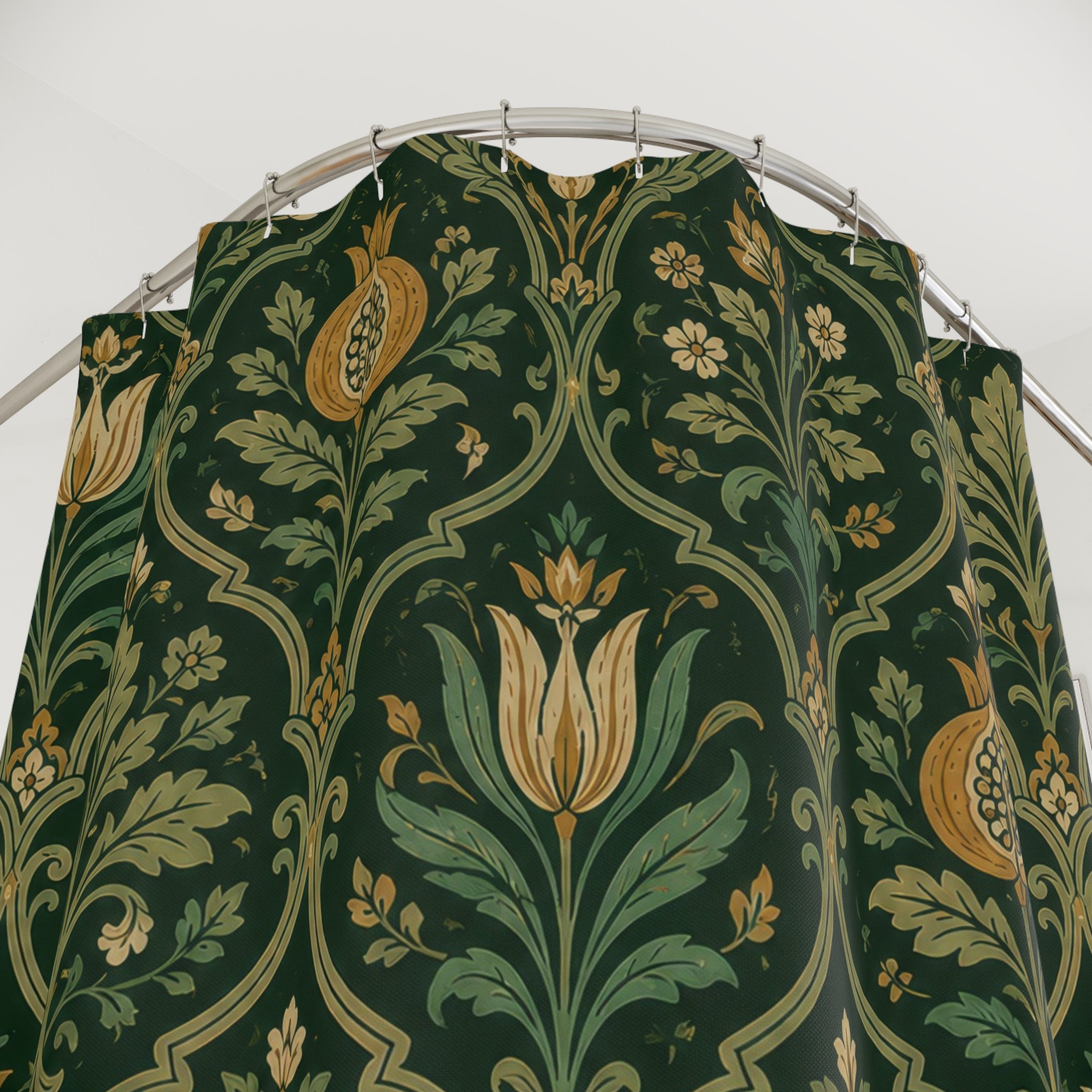 Dark green Jacobean ogee floral shower curtain with close-up print, hooks, and folds