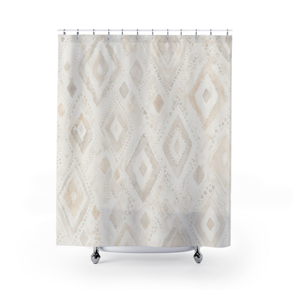 White Boho Shower Curtain, Diamond Ikat Bath Decor, Ivory Geometric Pattern, Cream Guest Bathroom Decor, Soft Earthy Ivory Style Decor