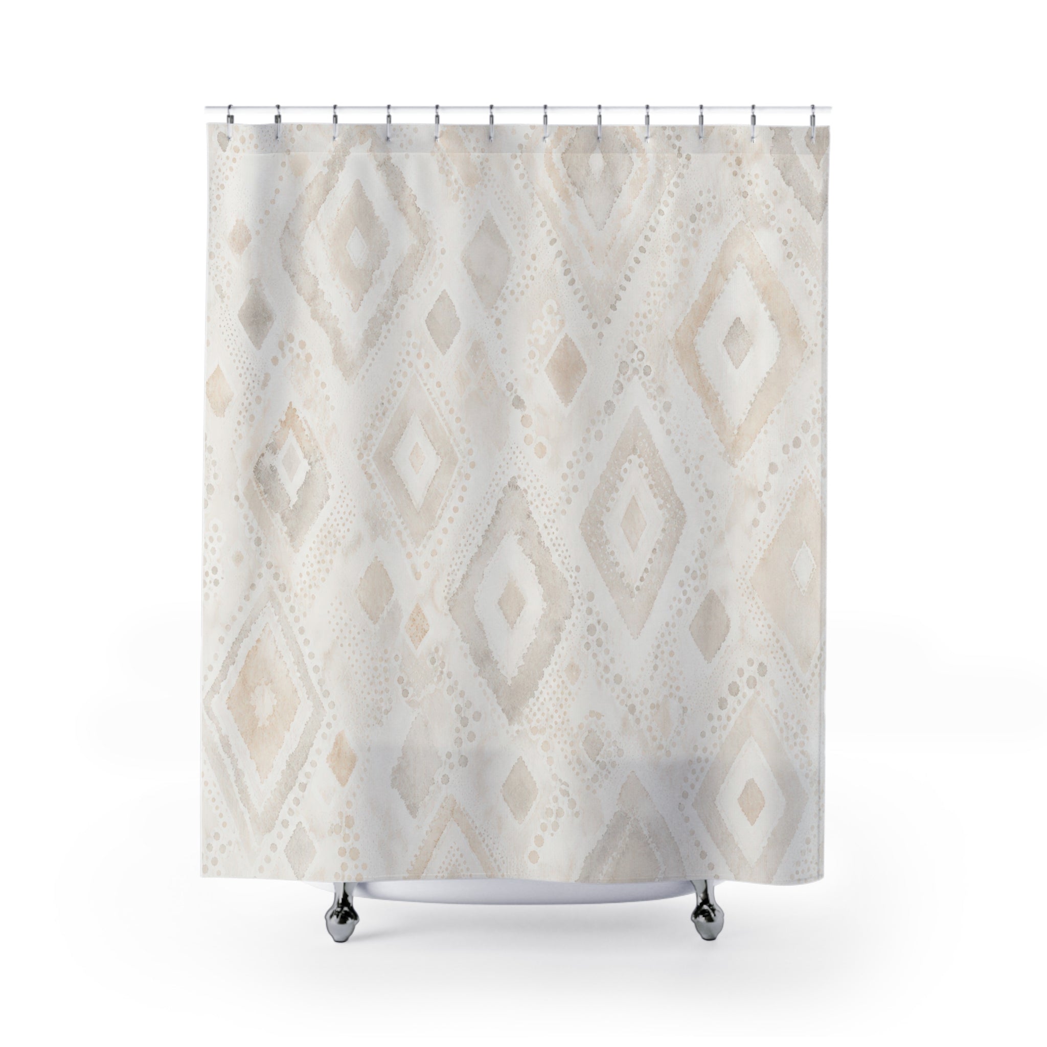 White Boho Shower Curtain, Diamond Ikat Bath Decor, Ivory Geometric Pattern, Cream Guest Bathroom Decor, Soft Earthy Ivory Style Decor