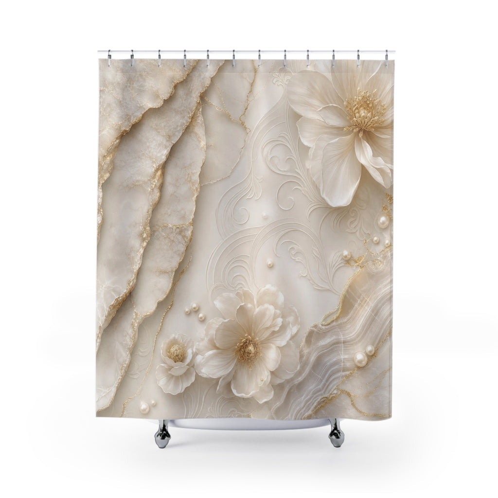Luxury White Shower Curtain: Pearl Ivory Floral Marble
