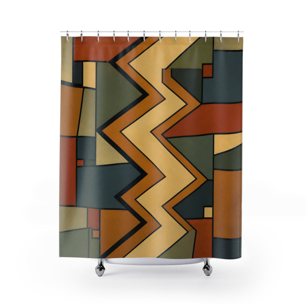 Ochre rust and sage central zigzag spine with compartments shower curtain with full front view