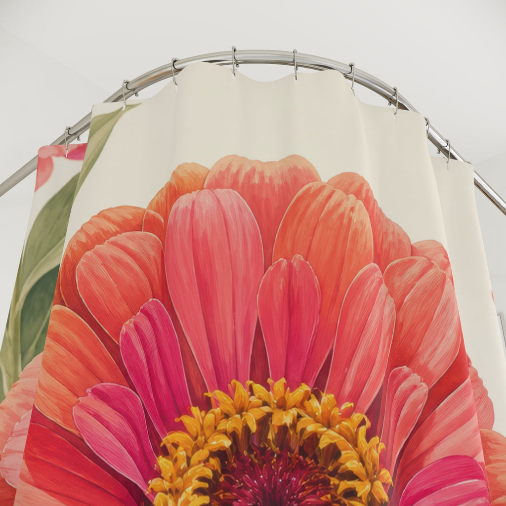 Coral and fuchsia zinnia portrait shower curtain with close-up print, hooks, and folds