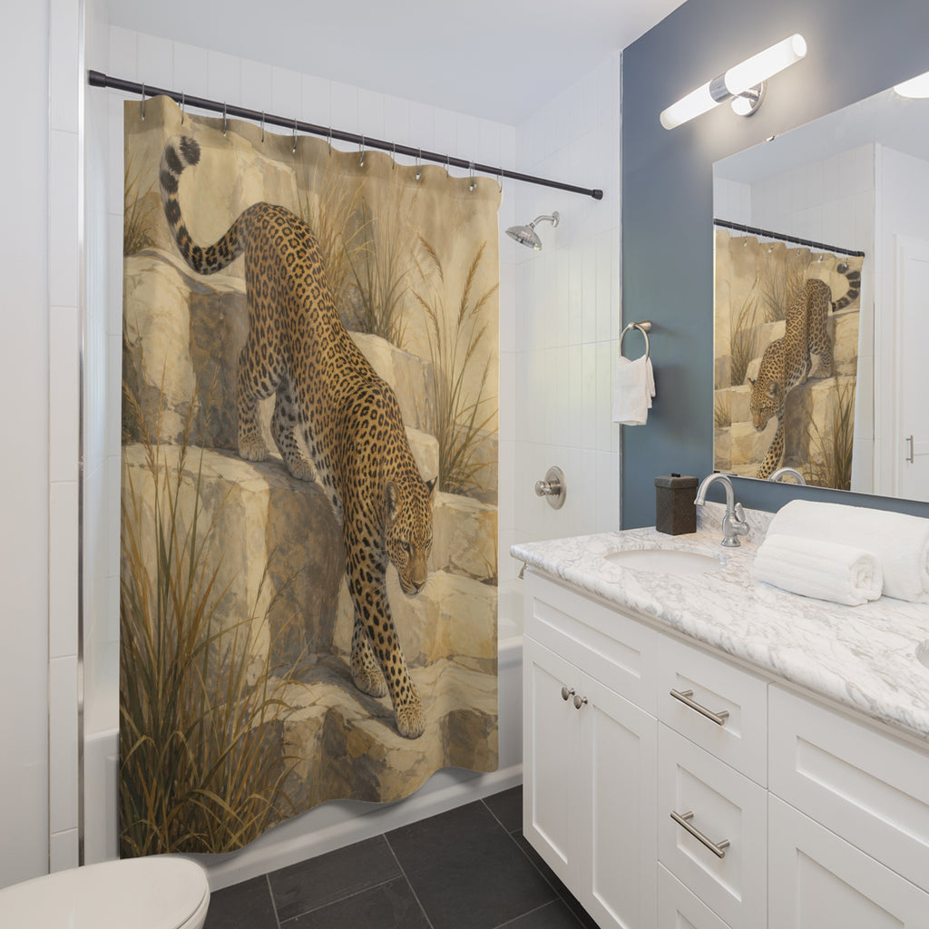 Golden leopard on sandstone steps shower curtain beside a white vanity